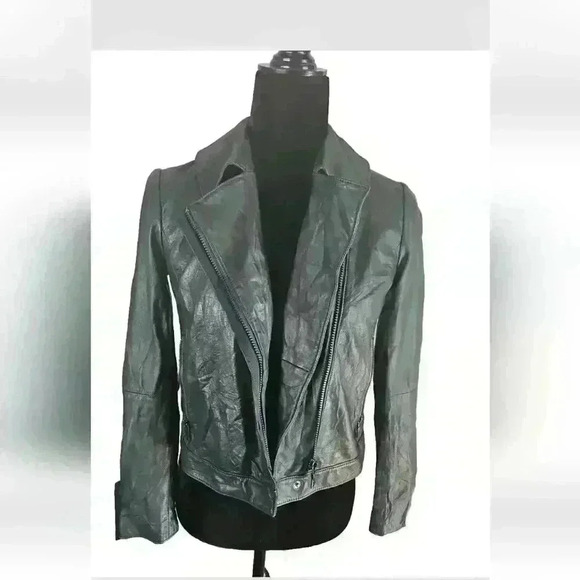 Tory Burch Women's Dark Green Sheepskin Leather Moto Jacket 0(XS-S) - Picture 6 of 16